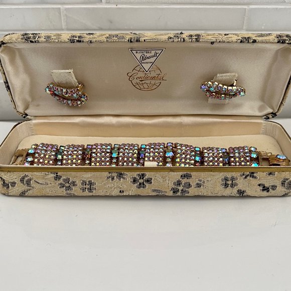 GLAMOROUS VINTAGE WIDE AB Rhinestone JEWELRY SET BRACELET EARRINGS CONTINENTAL - Picture 3 of 12